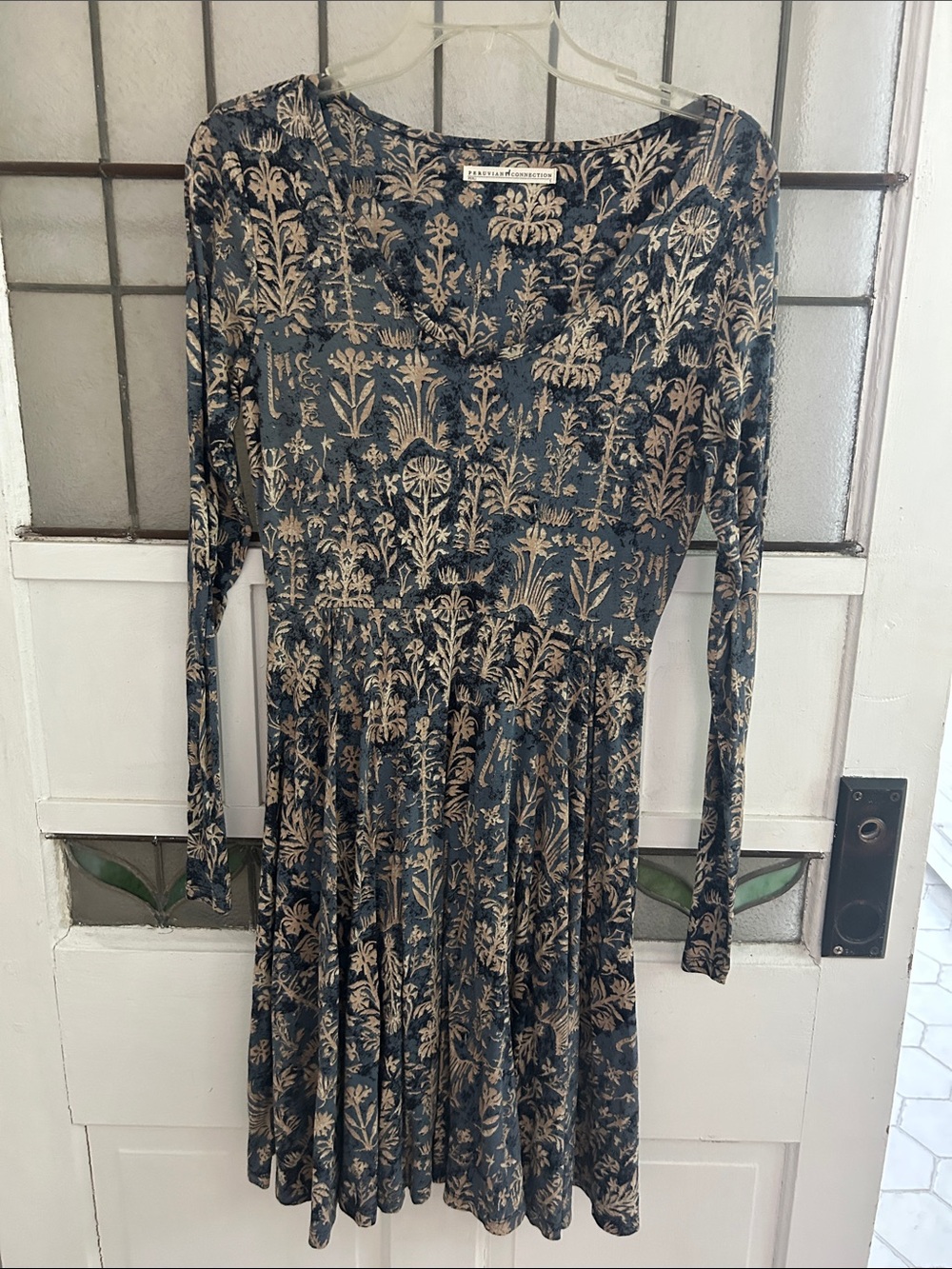 Peruvian Connection Navy and Cream Floral Long-Sleeve Fit & Flare Dress